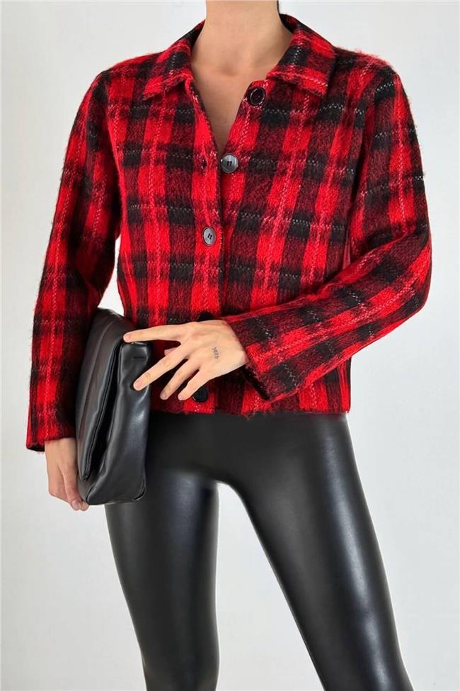 Polo Yaka Kare Desen Hırka Kırmızı - Siyah