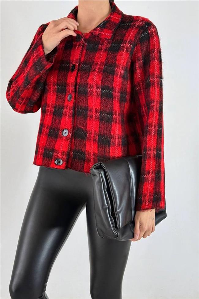 Polo Yaka Kare Desen Hırka Kırmızı - Siyah