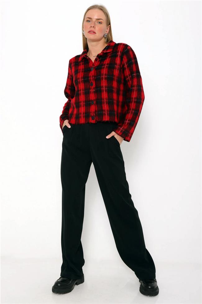 Polo Yaka Kare Desen Hırka Kırmızı - Siyah