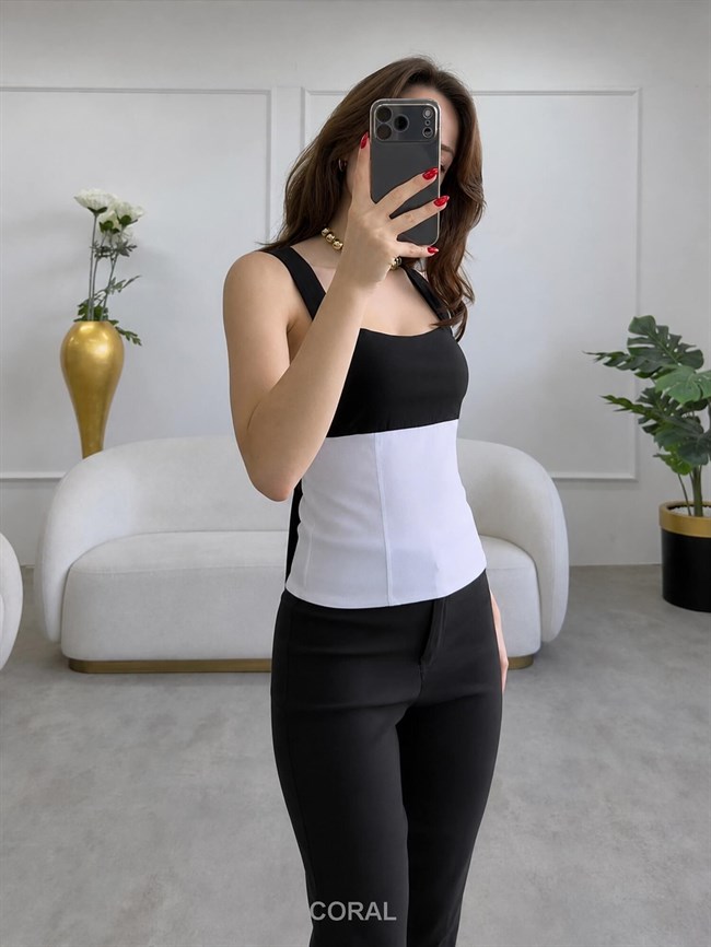 Poplin Garnili Askılı Bluz 18594 Siyah / Beyaz