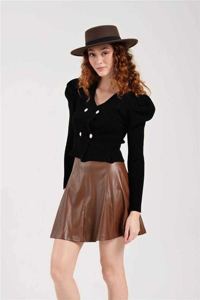 Prenses Kol Kruvaze Düğmeli Hırka Siyah