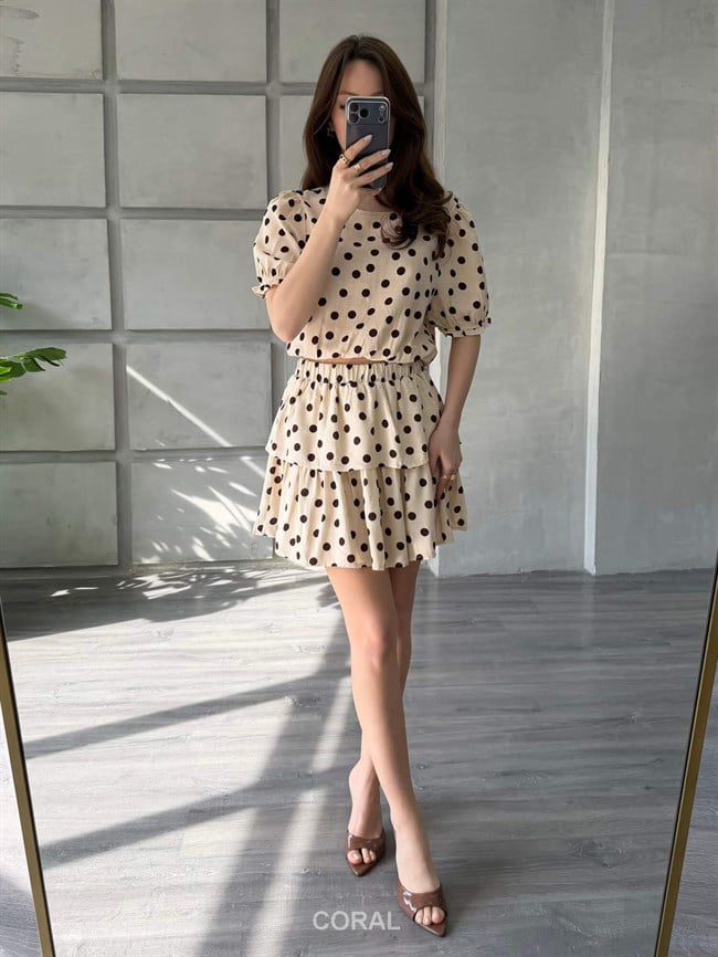 Puantiye Desenli Katlı Etek 2370 Bej / Kahve