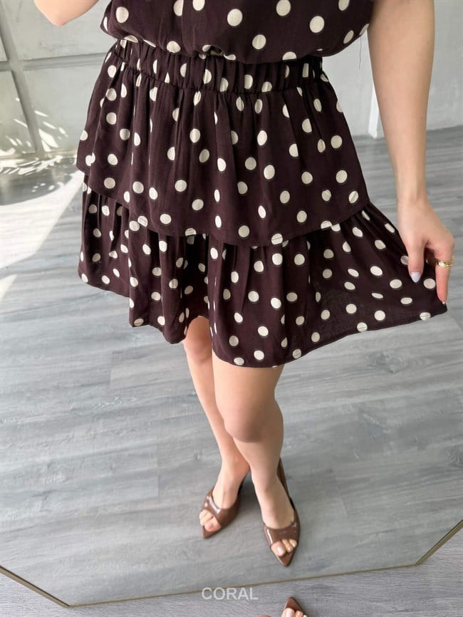 Puantiye Desenli Katlı Etek 2370 Kahve / Bej