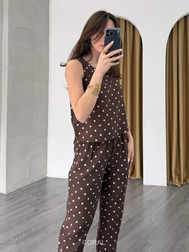 Puantiyeli Bluz Pantolon Takım 11914 Kahve