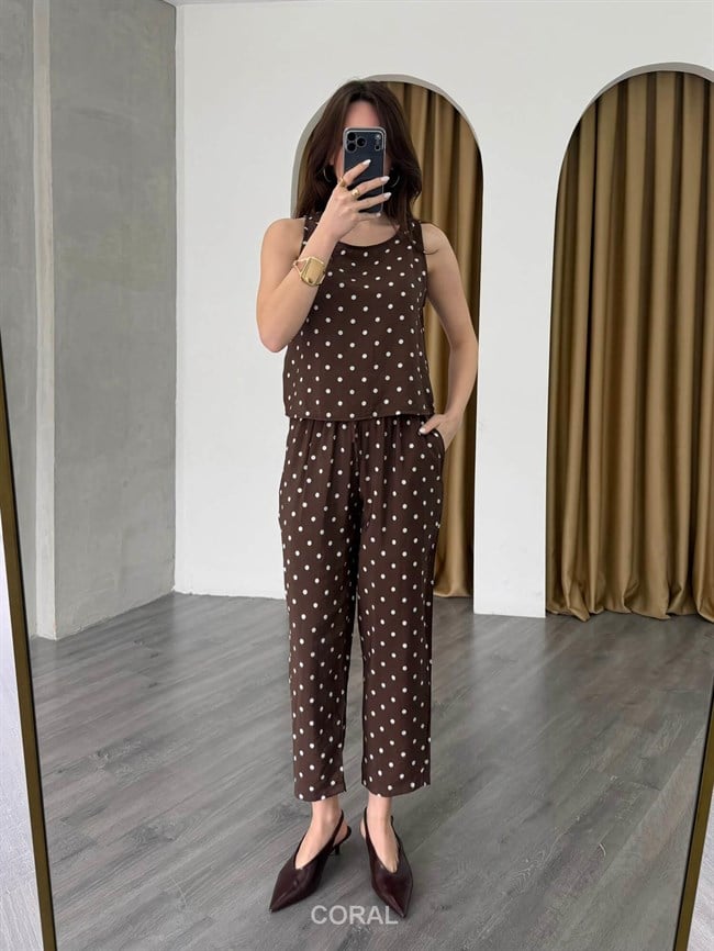 Puantiyeli Bluz Pantolon Takım 11914 Kahve