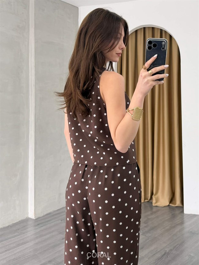 Puantiyeli Bluz Pantolon Takım 11914 Kahve