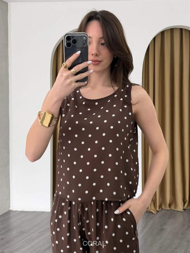 Puantiyeli Bluz Pantolon Takım 11914 Kahve