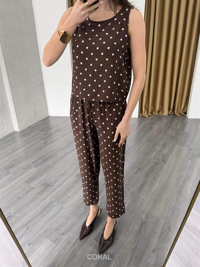 Puantiyeli Bluz Pantolon Takım 11914 Kahve