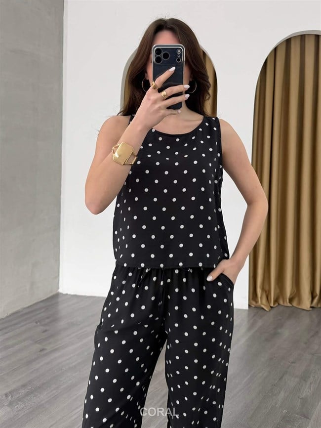 Puantiyeli Bluz Pantolon Takım 11914 Siyah