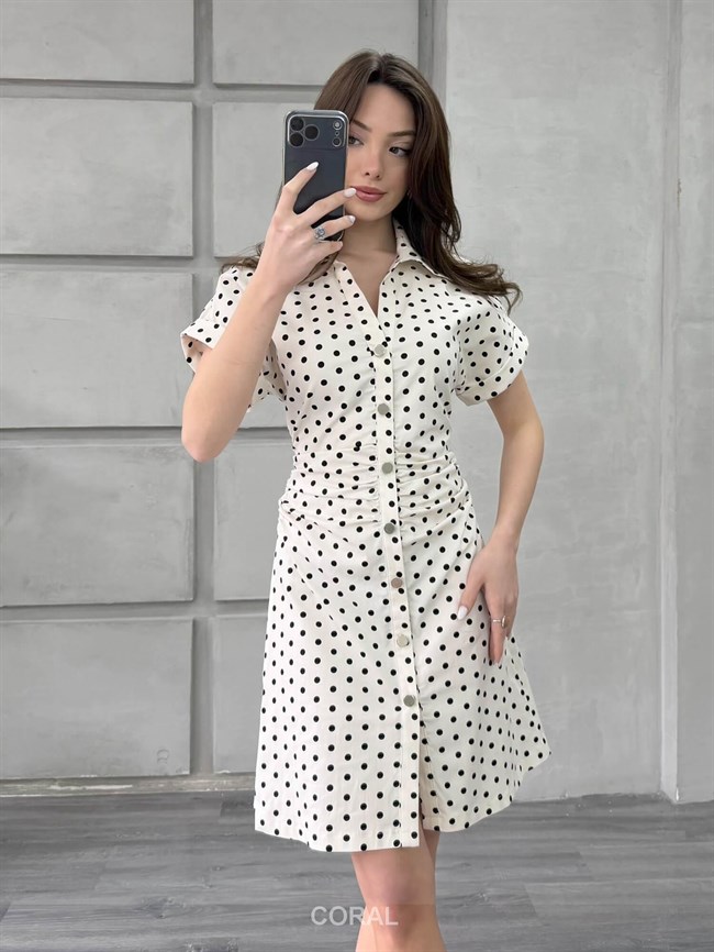 Puantiyeli Kısa Kol Elbise 86252 Ekru / Siyah
