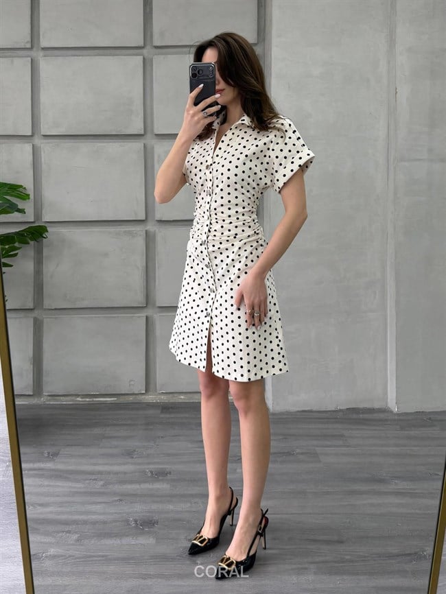 Puantiyeli Kısa Kol Elbise 86252 Ekru / Siyah
