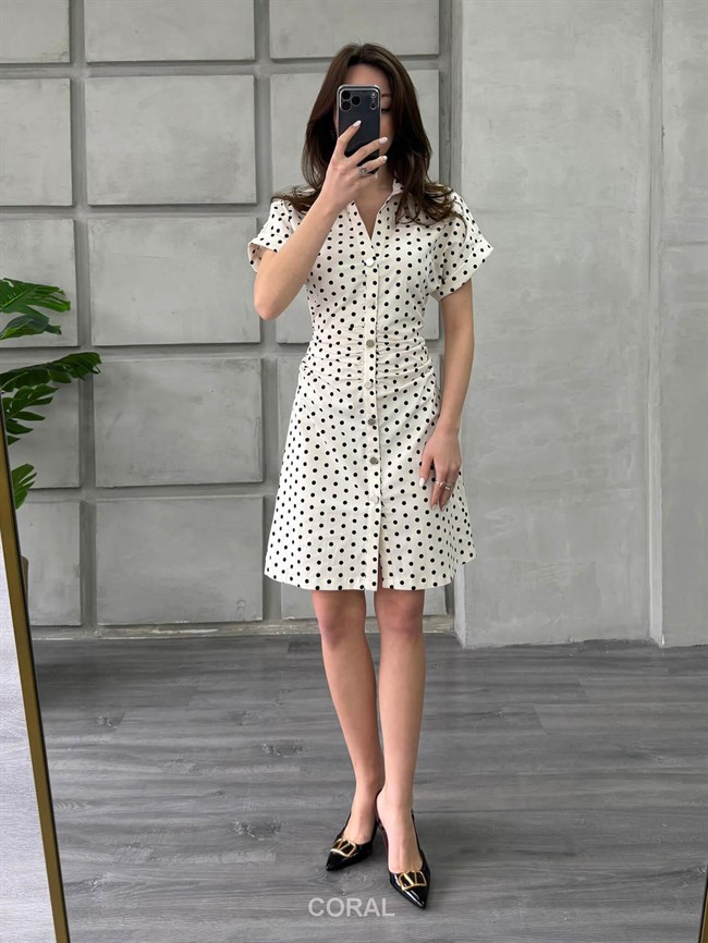Puantiyeli Kısa Kol Elbise 86252 Ekru / Siyah
