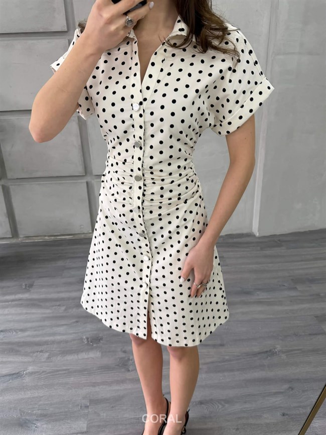Puantiyeli Kısa Kol Elbise 86252 Ekru / Siyah