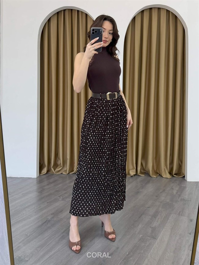 Puantiyeli Kraşlı Etek 18274 Kahve