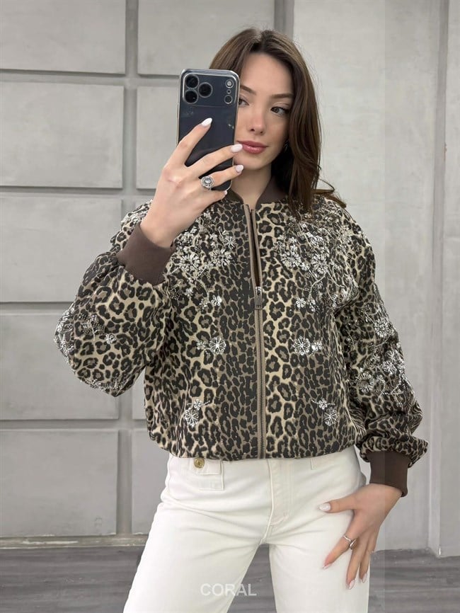 Pul İşlemeli Leopar Desenli Ceket 99961 Kahve
