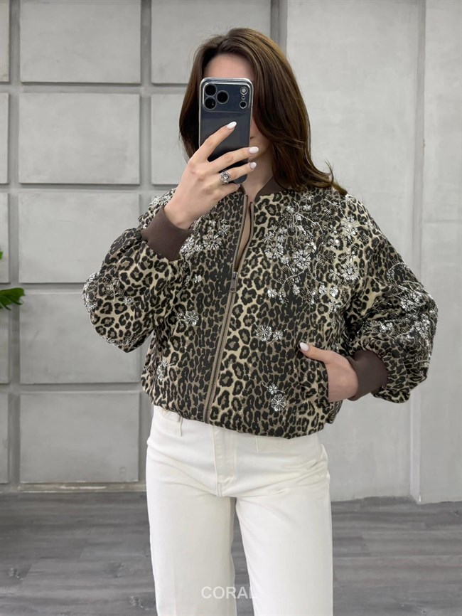 Pul İşlemeli Leopar Desenli Ceket 99961 Kahve