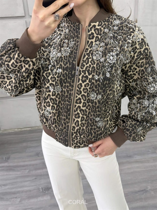 Pul İşlemeli Leopar Desenli Ceket 99961 Kahve