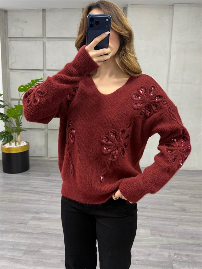 Pullu Çiçek İşlemeli V Yaka Kazak 7718 Bordo