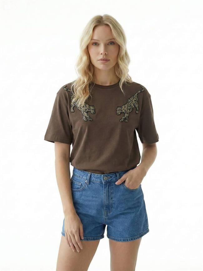 Pullu Çift Kaplan İşlemeli Tişört 7436 Kahve