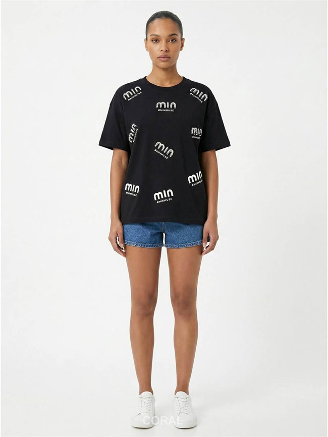 Pullu Dağınık Yazılı Tişört 7522 Siyah