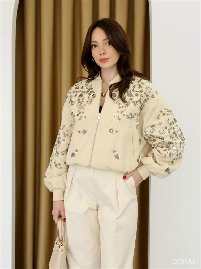 Pullu İşlemeli Fermuarlı Mont 99927 Taş