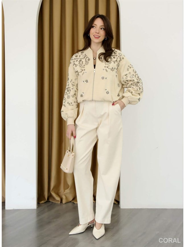 Pullu İşlemeli Fermuarlı Mont 99927 Taş