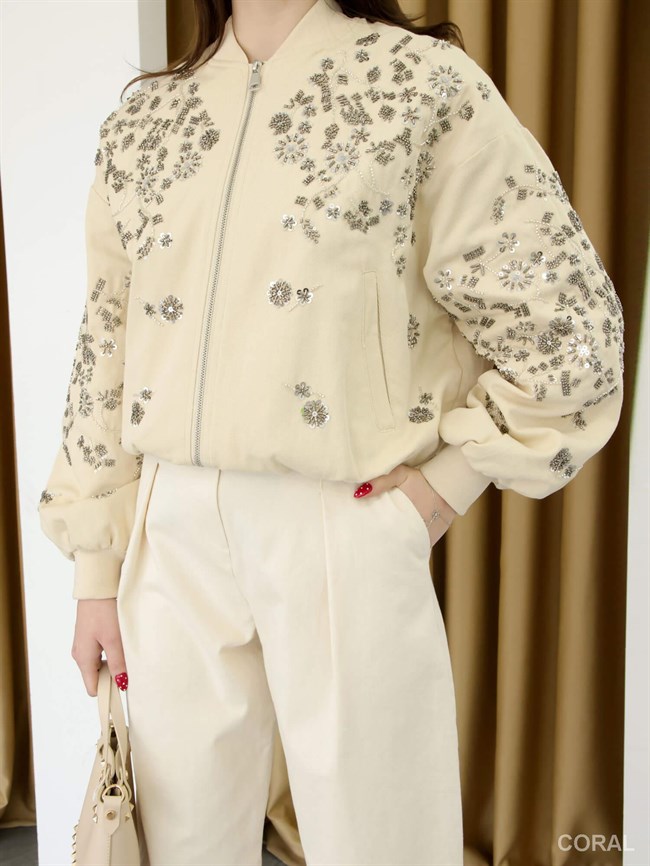 Pullu İşlemeli Fermuarlı Mont 99927 Taş