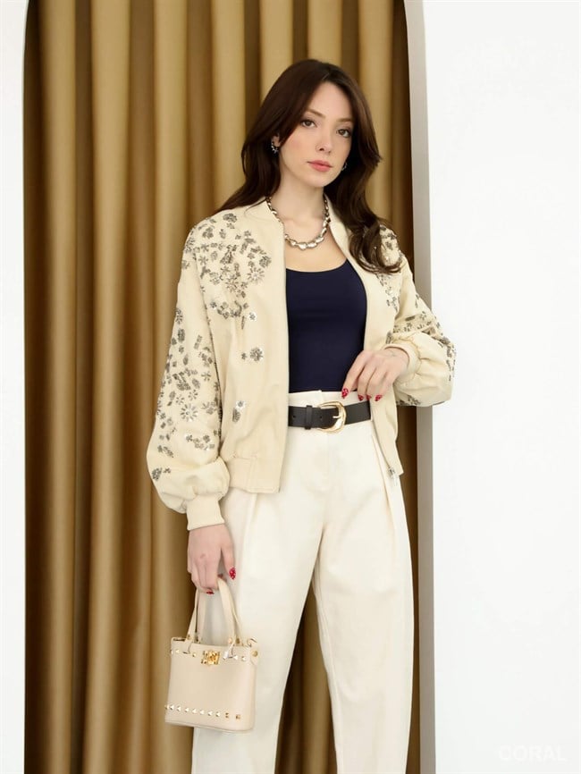 Pullu İşlemeli Fermuarlı Mont 99927 Taş