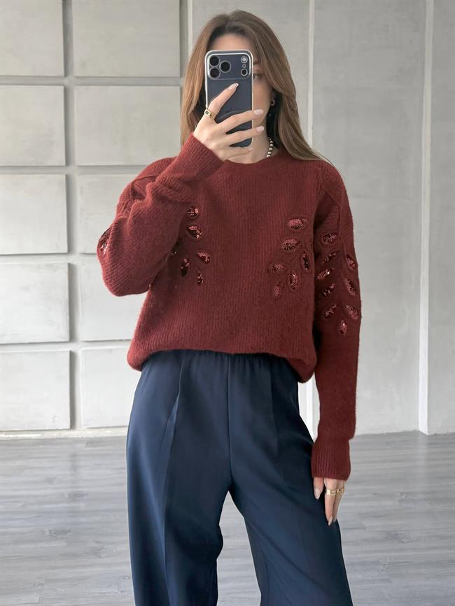 Pullu İşlemeli Kazak 7720 Bordo