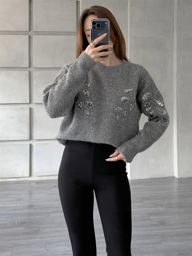 Pullu İşlemeli Kazak 7720 Gri