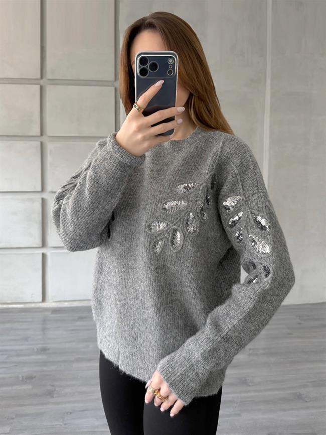 Pullu İşlemeli Kazak 7720 Gri