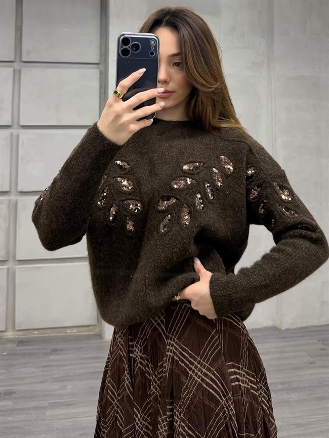 Pullu İşlemeli Kazak 7720 Kahve