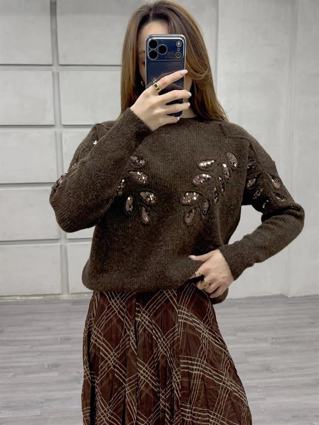 Pullu İşlemeli Kazak 7720 Kahve