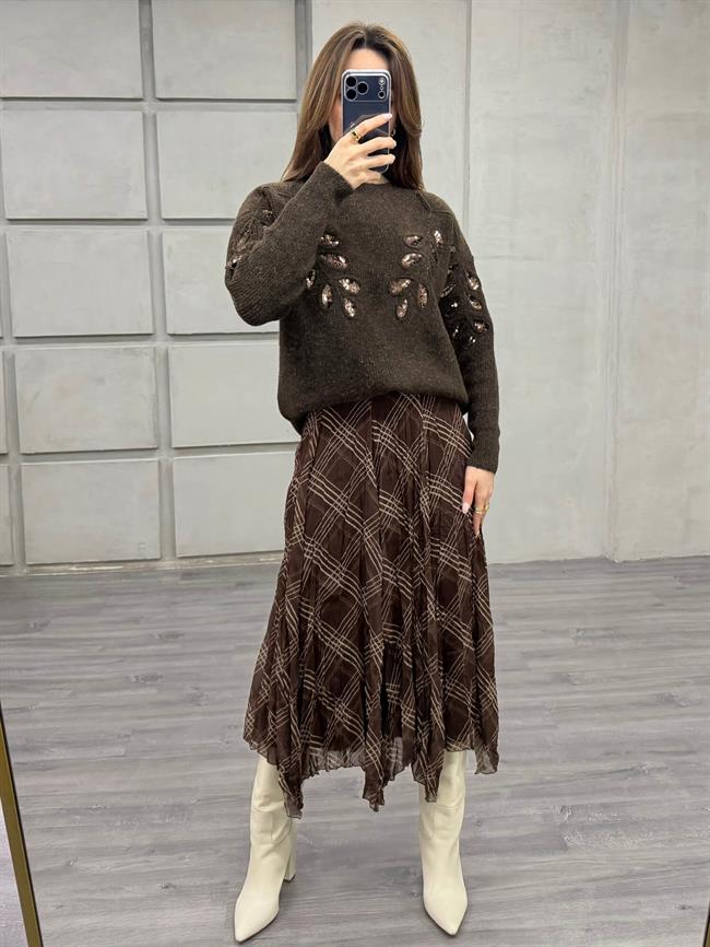 Pullu İşlemeli Kazak 7720 Kahve