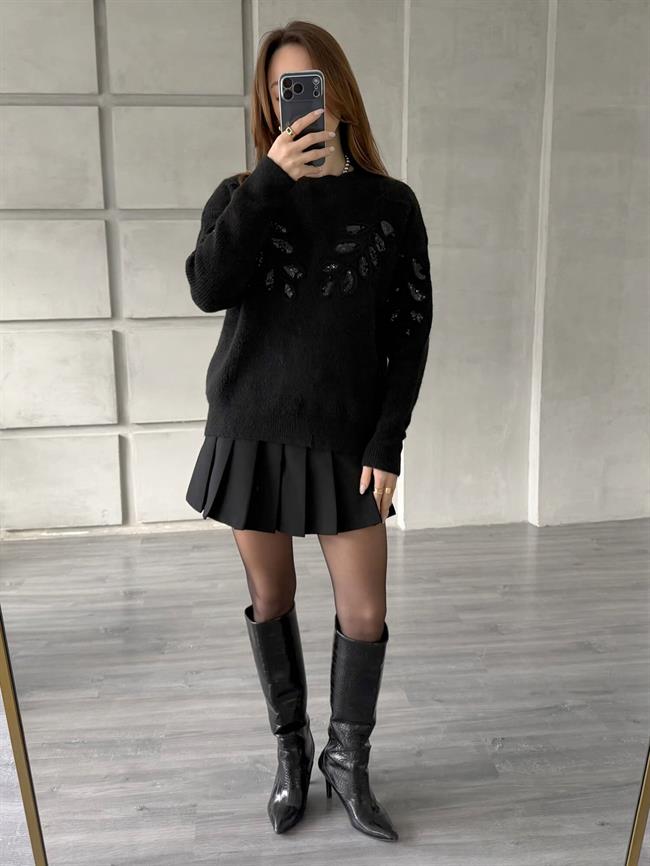 Pullu İşlemeli Kazak 7720 Siyah