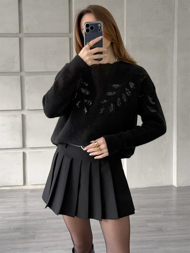 Pullu İşlemeli Kazak 7720 Siyah