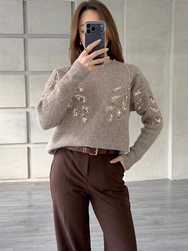 Pullu İşlemeli Kazak 7720 Vizon