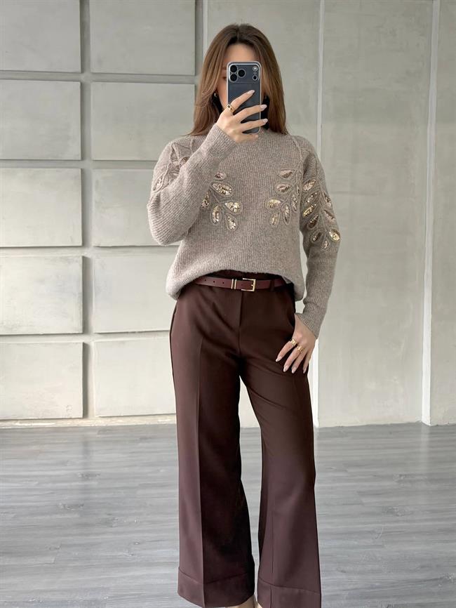 Pullu İşlemeli Kazak 7720 Vizon