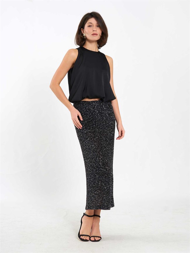 Pullu Midi Payet Etek 041185 Siyah