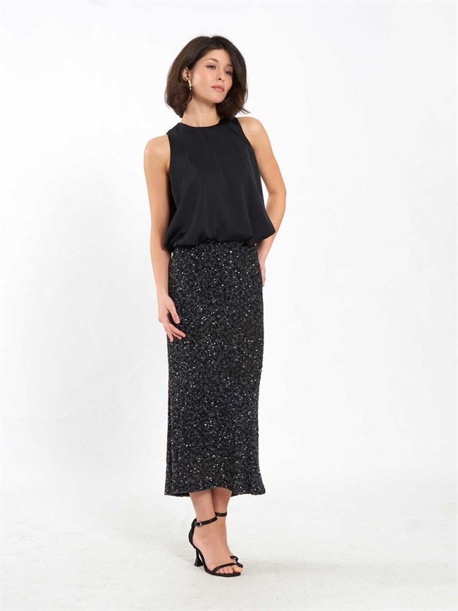 Pullu Midi Payet Etek 041185 Siyah