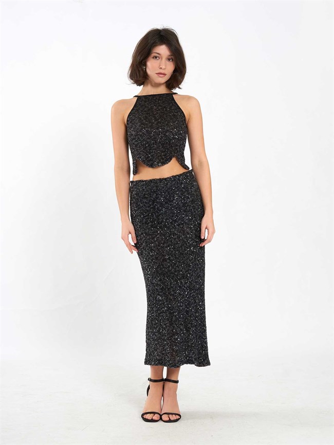 Pullu Midi Payet Etek 041185 Siyah