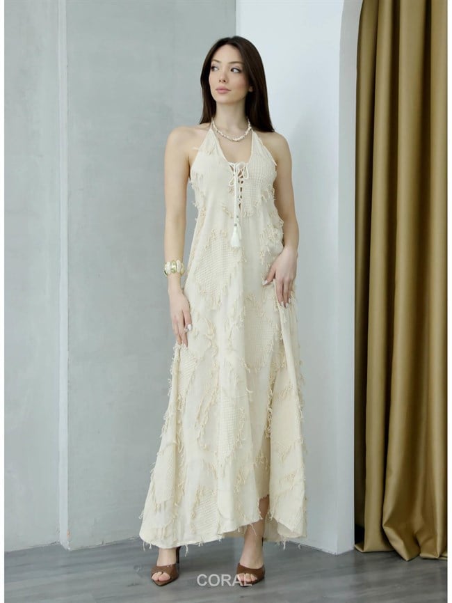 Püsküllü Boyun Askılı Elbise 39645 Naturel