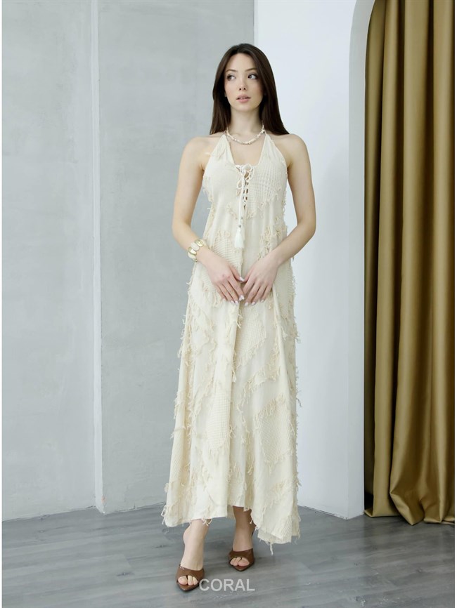 Püsküllü Boyun Askılı Elbise 39645 Naturel