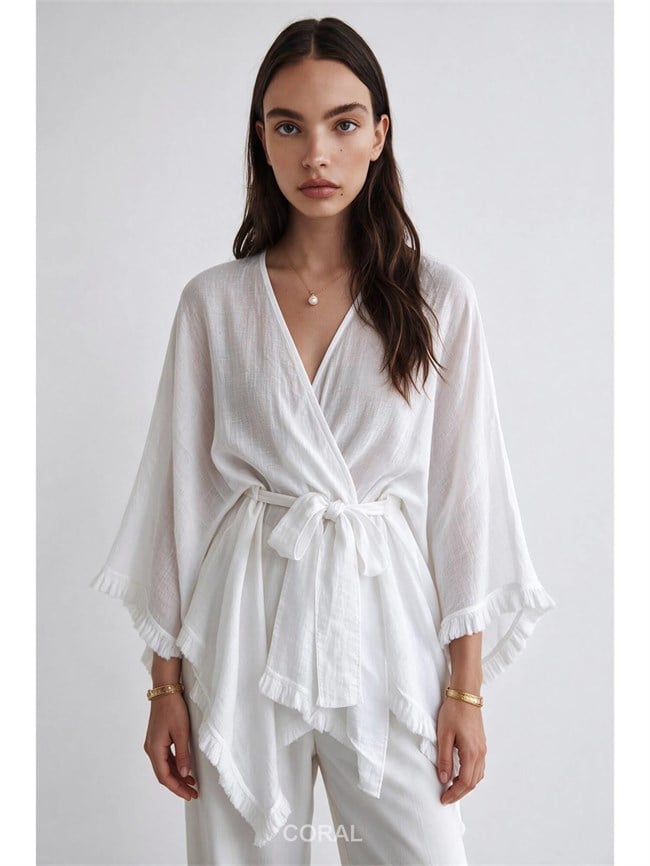 Püsküllü Organze Kimono 5101 Beyaz