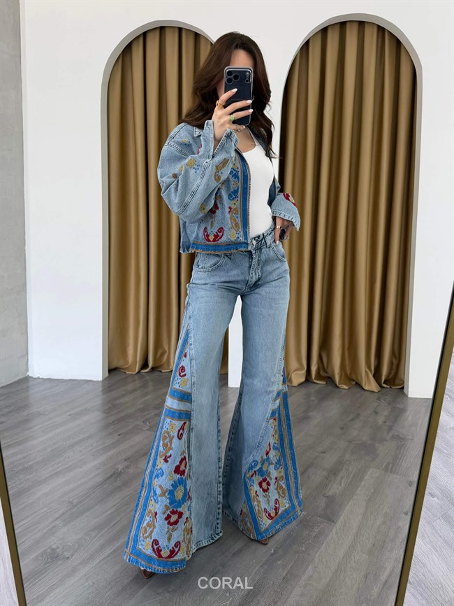 Renkli Nakışlı Palazzo Kot Pantolon 4561 Mavi