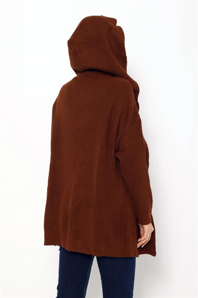 Saç Örgülü Kapüşonlu Hırka Kahve