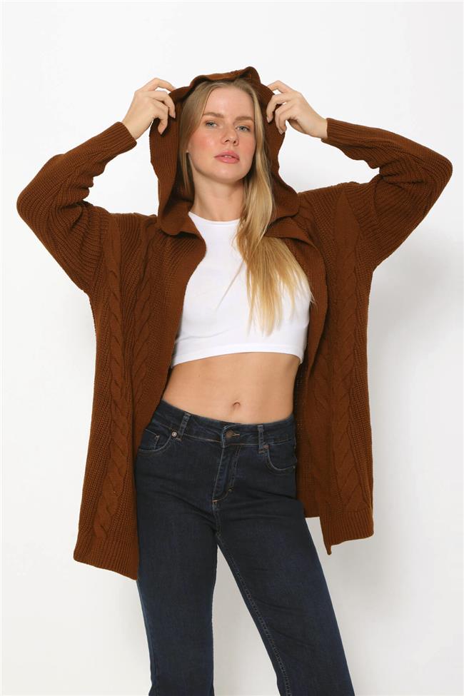 Saç Örgülü Kapüşonlu Hırka Kahve