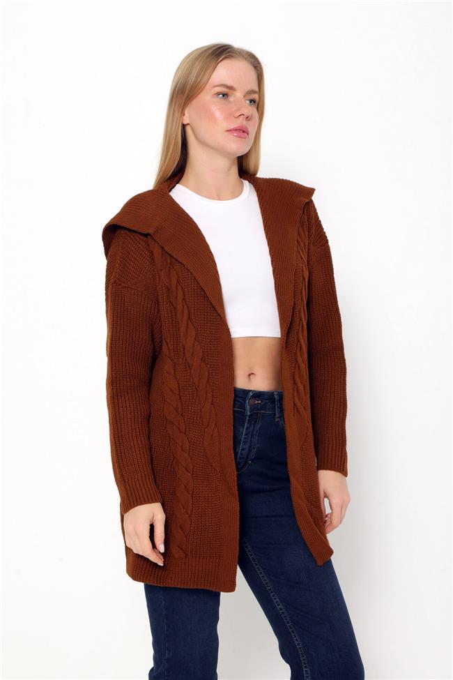 Saç Örgülü Kapüşonlu Hırka Kahve