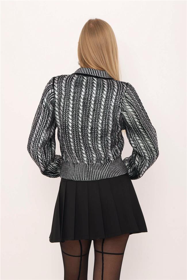 Saç Örgülü Taş Düğmeli Varaklı Kazak Siyah