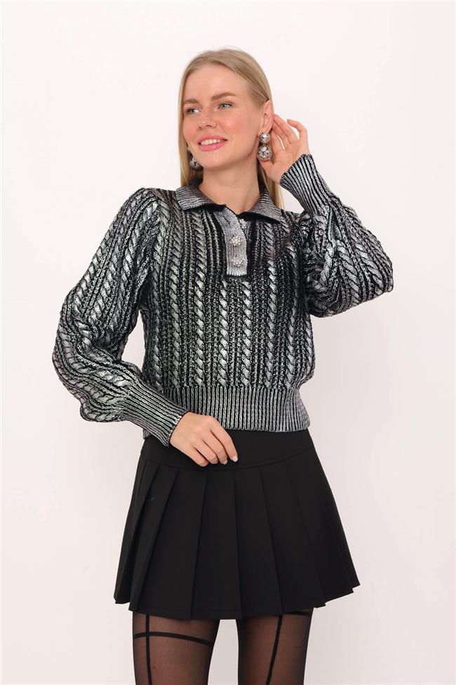 Saç Örgülü Taş Düğmeli Varaklı Kazak Siyah